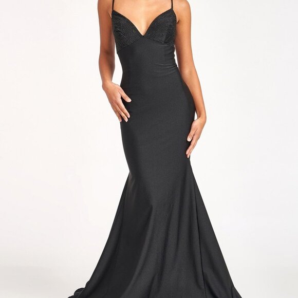 BLACK Beads Embellished Jersey Mermaid Dress w/ Strap Lace-up Back GL3035